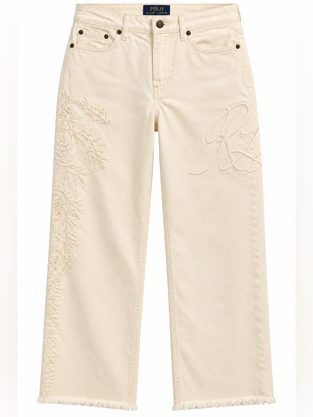 Lauren Ralph Lauren Wide Leg Jeans Womens 6 Ivory NWT Floral Beaded High Rise